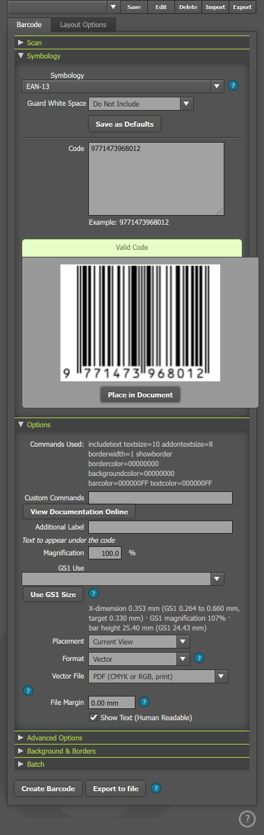 The Barcode tab The Barcode tab