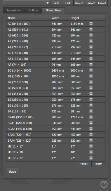 The Sheet Sizes tab The Sheet Sizes tab