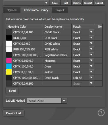 The Color Name Library tab The Color Name Library tab